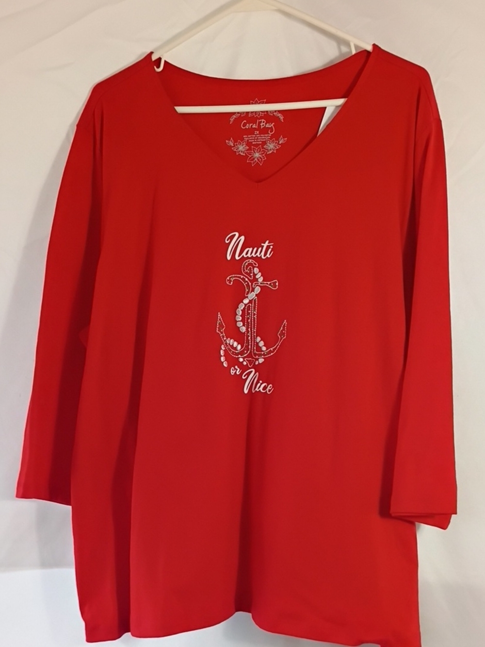 NWT Coral Bay Red 'Nauti or Nice' V-Neck Women's Quarter Sleeve Top Size 2X